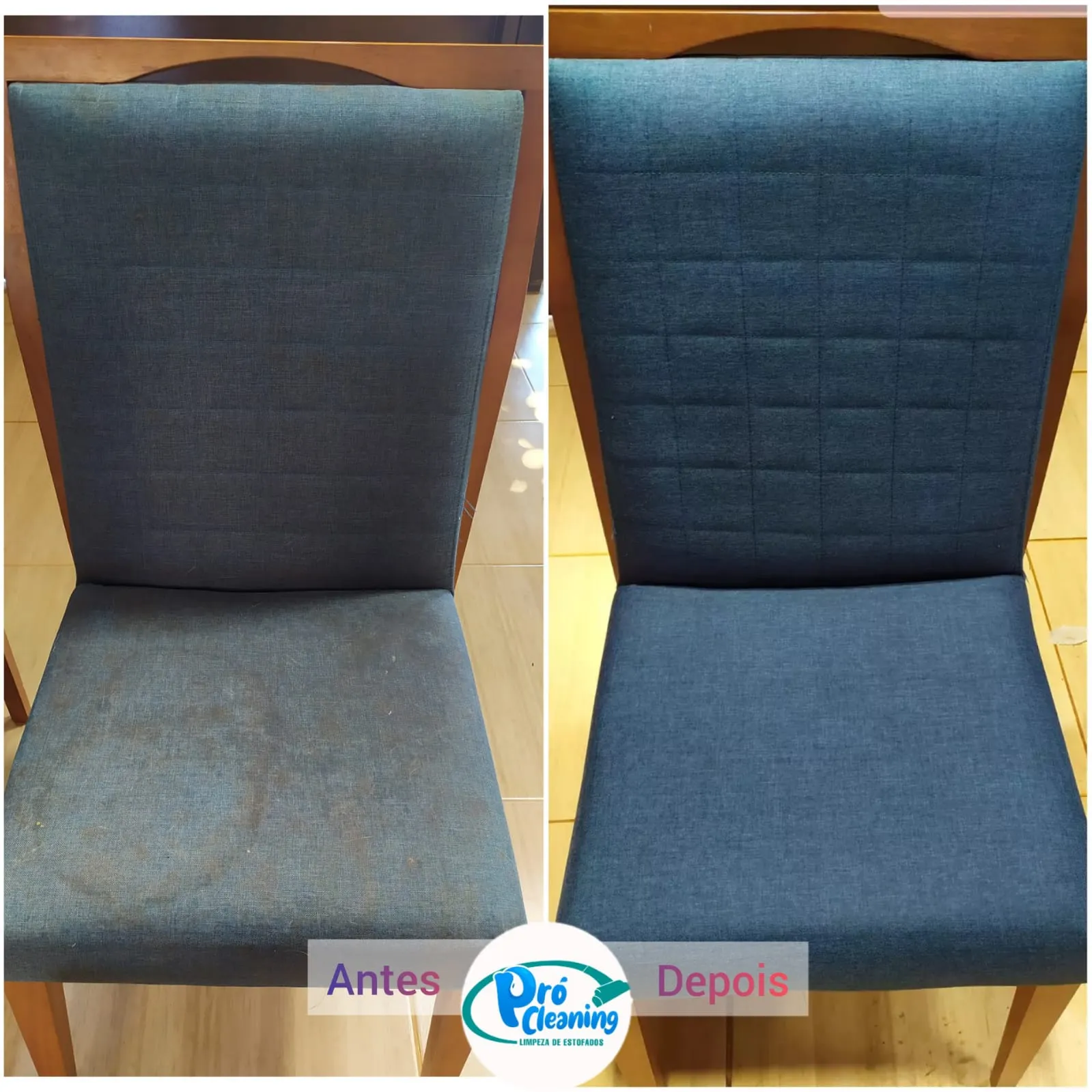 Antes e depois de cadeira estofada azul higienizada