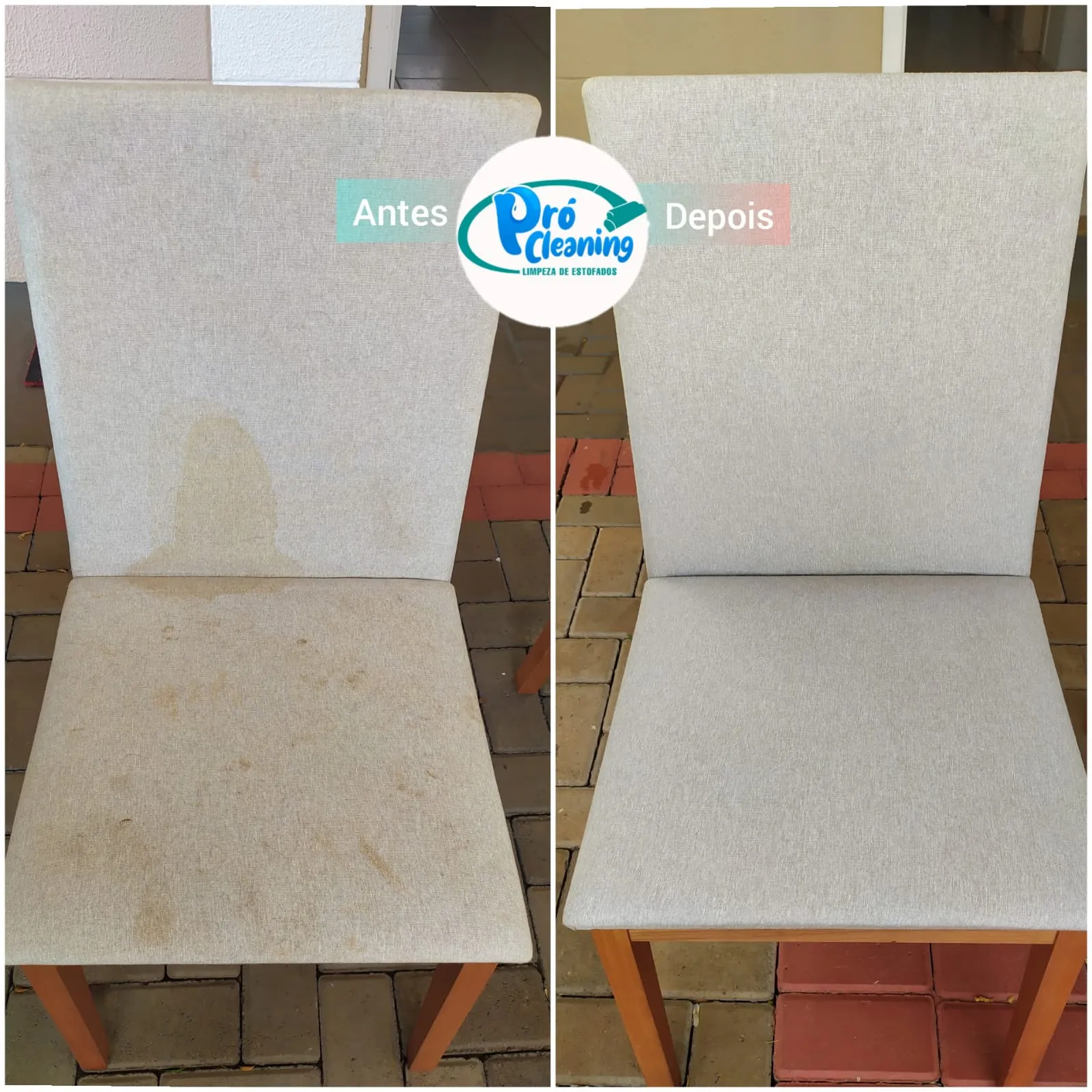 Antes e depois de cadeira estofada bege higienizada